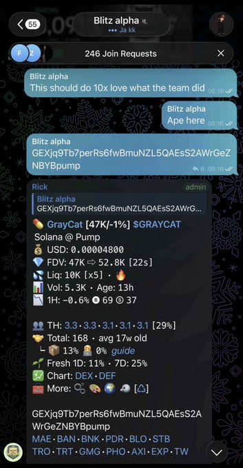 A Telegram chat showing a 'Blitz alpha' group with crypto trading calls, including a Solana token pump announcement with contract address 'GEXjq9Tb7perRs6fwBmuNZL5QAEsS2AWrGeZNBYBpump'.