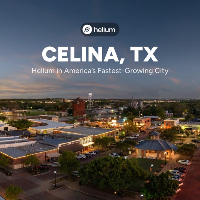 An aerial cityscape at dusk with the text 'helium', 'CELINA, TX', and 'Helium in America's Fastest-Growing City'.