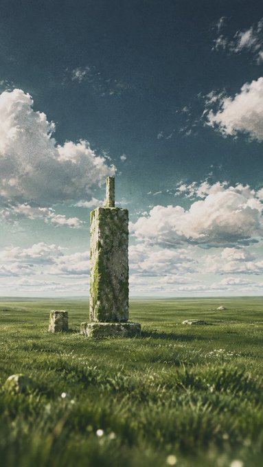 A tall, moss-covered stone pillar standing alone in a grassy field under a bright blue sky with scattered clouds.