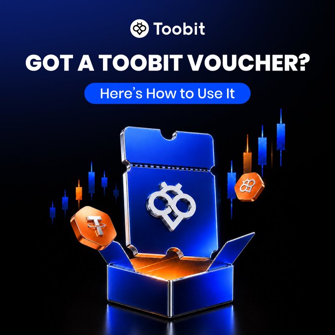 A promotional graphic for Toobit features the text 'GOT A TOOBIT VOUCHER? Here's How to Use It' above a 3D illustration of an open blue box with a glowing gift inside, accompanied by Toobit cryptocurrency coins and trading chart elements.