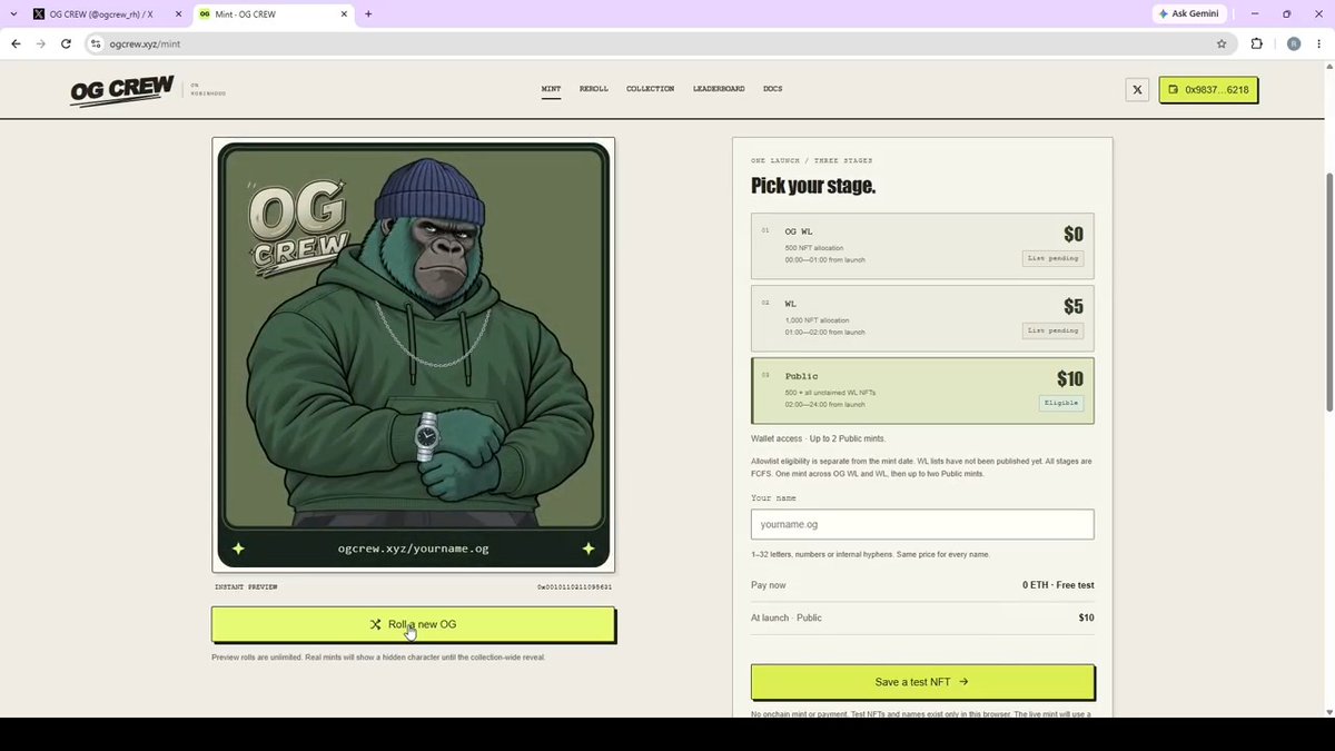 A screenshot of the OG CREW NFT minting website (ogcrew.xyz/mint) showing a gorilla character in a green hoodie, with minting stages for OG WL ($0), WL ($5), and Public ($10).