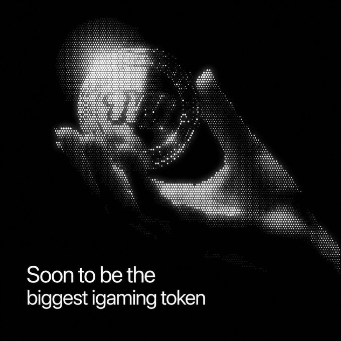 Black and white dotted halftone image of a person covering their face, with text reading 'Soon to be the biggest igaming token'.