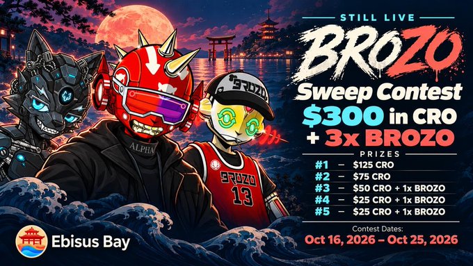 A colorful crypto giveaway poster advertises “STILL LIVE,” “BROZO Sweep Contest,” “$300 in CRO + 3x BROZO,” “Ebisus Bay,” and contest dates “Oct 16, 2026 - Oct 25, 2026,” with prize details listed.