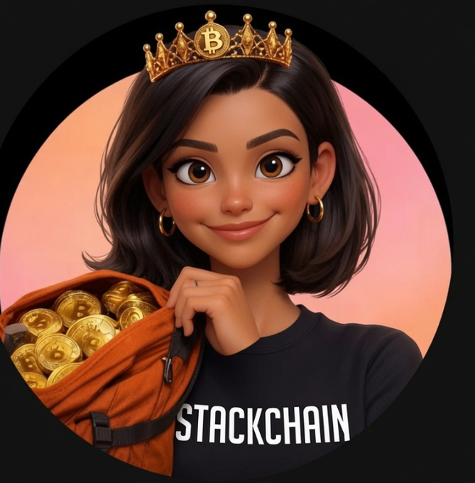 A cartoon avatar of a woman wearing a Bitcoin crown and a "STACKCHAIN" shirt, holding a backpack overflowing with gold Bitcoin coins, visually reinforcing the post's "stack sats" mantra and message about valuing actions over appearances in the crypto community.