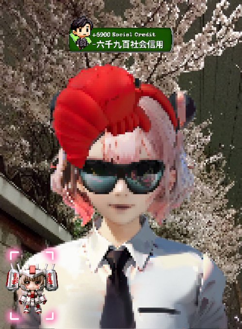 A 3D anime-style character with red and white hair, sunglasses, and a white shirt with a black tie, with a green label reading '+6900 Social Credit' in English and Chinese, and a small chibi robot figure in the corner.