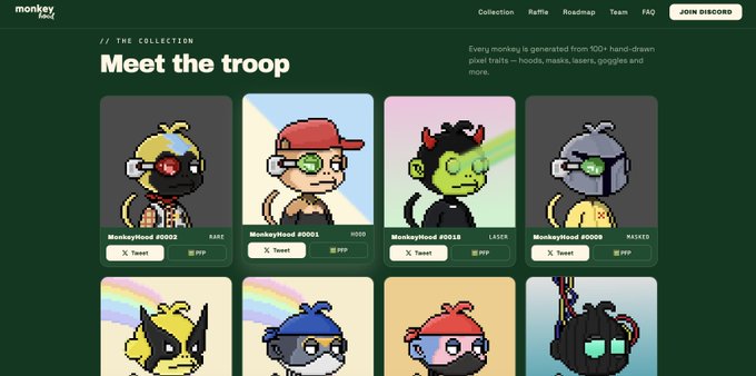 A webpage titled 'Meet the troop' for MonkeyHead, displaying a collection of 100+ hand-drawn pixel monkey NFTs with various traits like 'RARE', 'HOOD', 'LASER', and 'MASKED'.