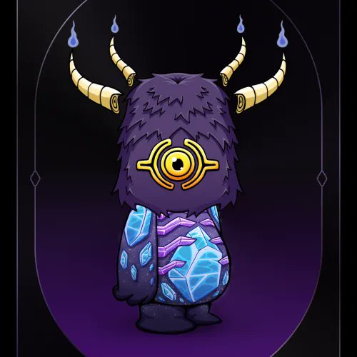 A dark, mystical creature illustration featuring a fuzzy purple body with a glowing single eye, golden horns, and crystalline purple/blue armor, set against a purple background with floating blue flames.