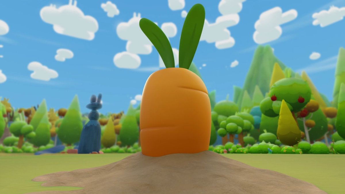A large cartoon carrot with green leafy tops sits prominently on a mound of dirt in a whimsical, colorful 3D-rendered landscape featuring stylized trees, mountains, and clouds. The scene ties into the "Bunimal World WL giveaway" post by showcasing the carrot character, likely a featured member of the Bunimal NFT collection.