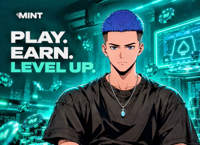 An anime-style illustration features a blue-haired character next to the text 'MINT PLAY. EARN. LEVEL UP.' in a futuristic setting.