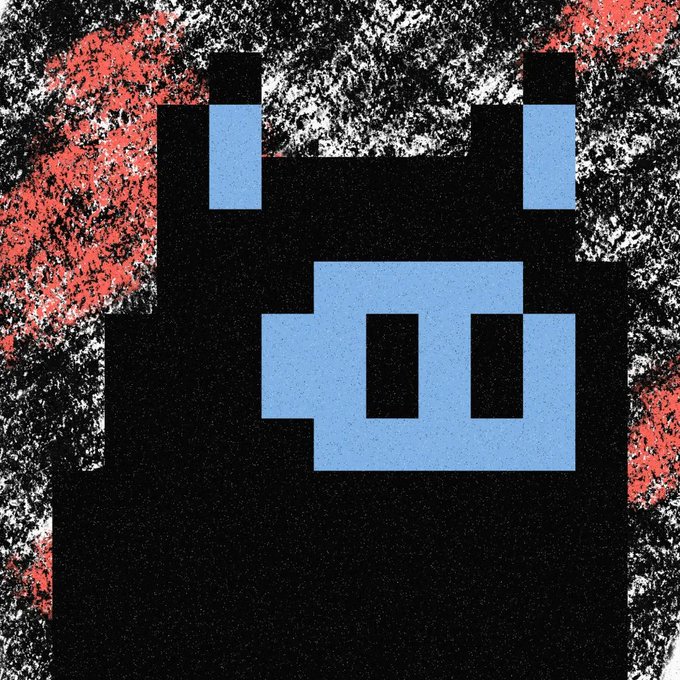 A pixelated, stylized image of a black, blocky character with light blue rectangular eyes and ears, set against a textured red and black background.