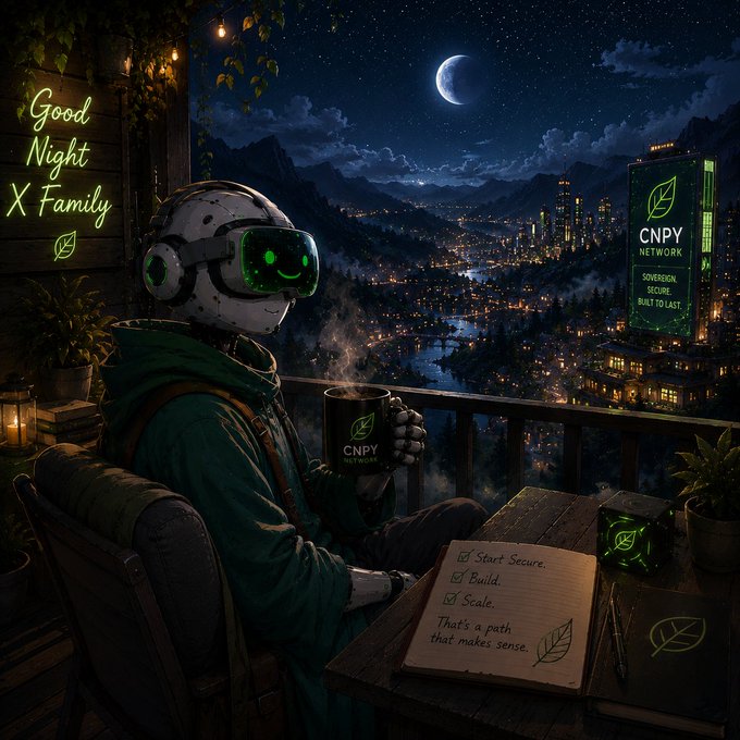 A digital artwork showing a robot wearing green goggles and a jacket, sitting on a balcony at night holding a 'CNPY Network' mug, with a neon sign reading 'Good Night X Family' and a cityscape visible in the background.