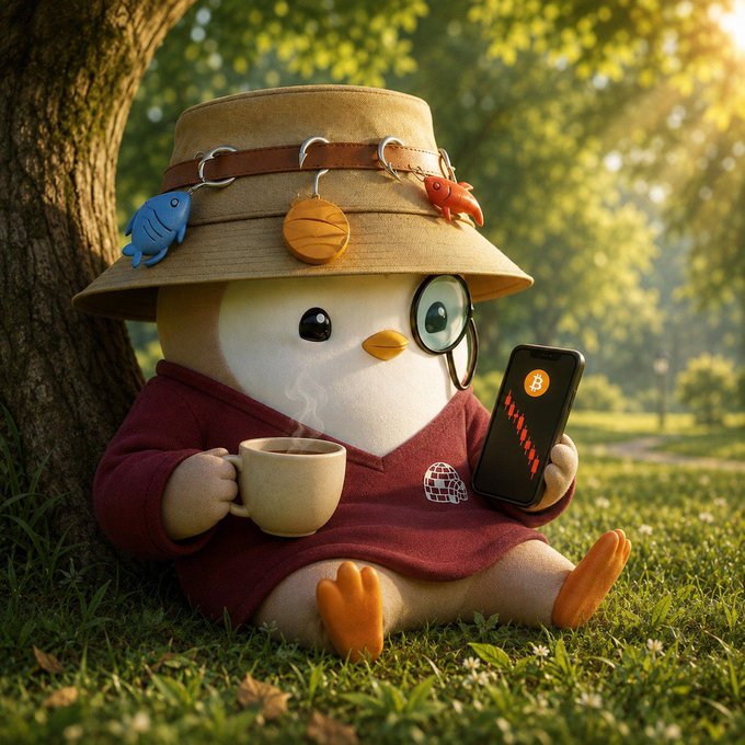 A whimsical AI-generated image of a chubby bird character wearing a safari hat with charms, round glasses, and a maroon hoodie, sitting in grass while holding a coffee cup and a smartphone showing a Bitcoin chart.
