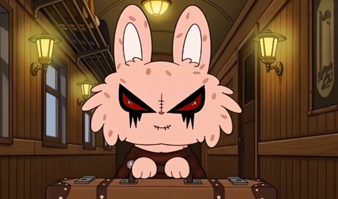 An animated illustration shows a fluffy pink bunny with red eyes, stitched mouth, and dark tears sitting atop a brown trunk in a vintage train carriage with wood paneling and wall lamps.