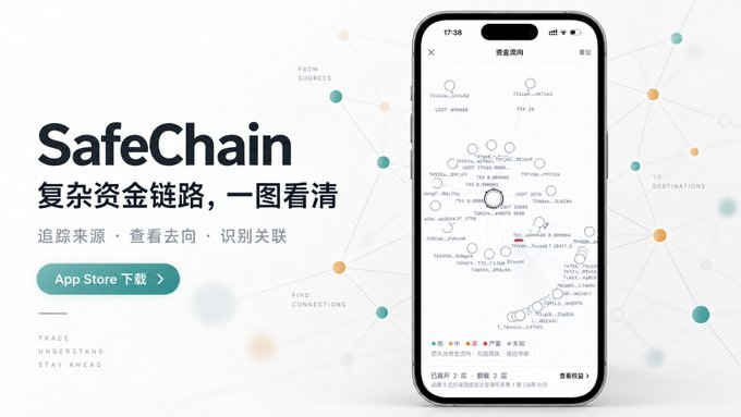 A promotional banner for the "SafeChain" app, featuring a smartphone displaying a visual fund flow graph on a network map, with Chinese text translating to "Complex fund chains, clear at a glance — trace sources, check destinations, identify connections," along with an "App Store 下载" (App Store Download) button.

The image directly illustrates the post's message by showing how SafeChain consolidates scattered risk data, address associations, and multi-layer fund flows into a single visual map, allowing users to clearly trace wallet fund sources and destinations at a glance.