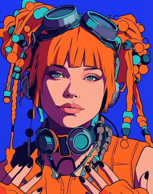A stylized digital illustration of a person with orange dreadlock-like hair, teal goggles on their head and around their neck, set against a vibrant blue background.