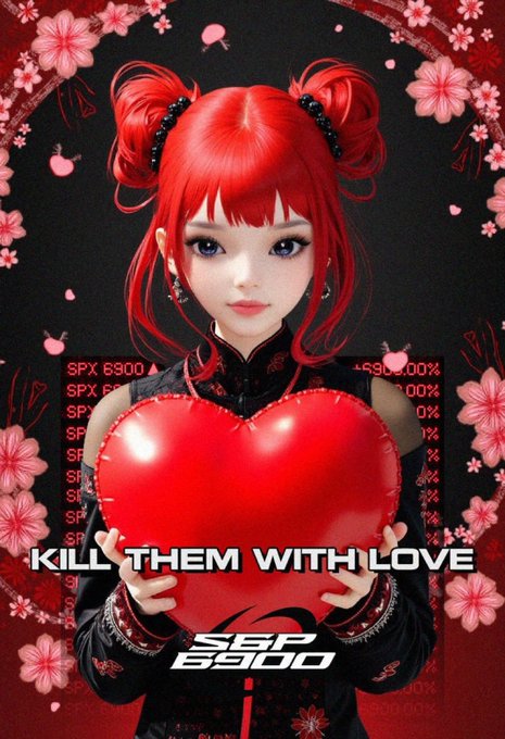 An anime-style digital illustration of a girl with bright red hair holding a large red heart, surrounded by cherry blossoms, with the text "KILL THEM WITH LOVE" and "S&P 6900."