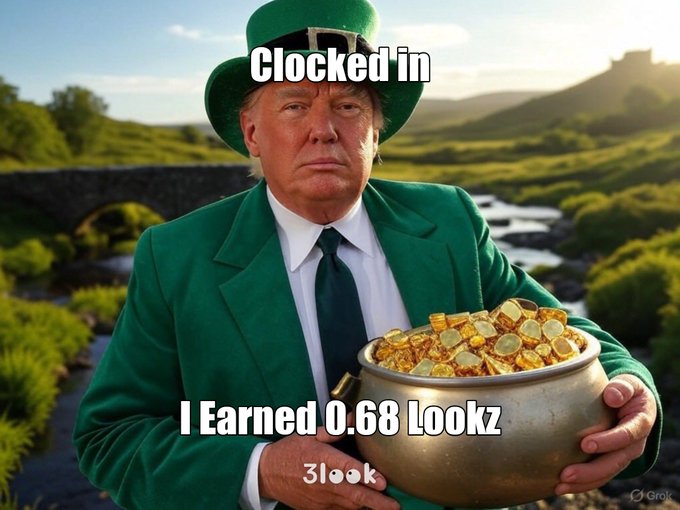 The image features a man dressed as a leprechaun, wearing a green suit and hat, holding a large pot filled with gold coins. The caption of the image reads "Clocked in I Earned 0.68 Lookz 3lookk". This suggests that the man is participating in an event or challenge where he has earned a certain number of points by completing tasks related to the leprechaun theme.
