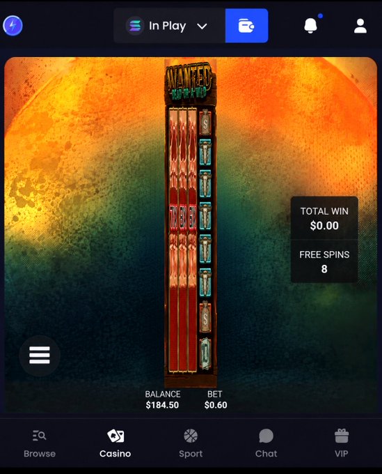 A "Wanted Dead or a Wild" slot machine screen displays a balance of $184.50 with a $0.60 bet and 8 free spins awarded, but shows a $0.00 total win—capturing the disappointing moment of triggering a bonus round yet landing nothing on the spin.