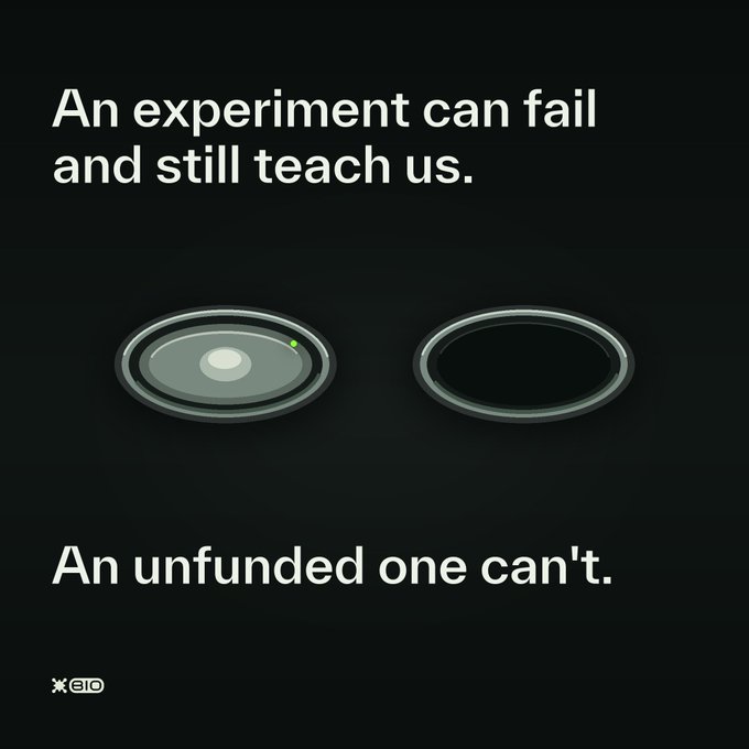 Against a dark background, two petri dishes are shown — one containing a culture with a small green growth and the other empty — beneath the headline "An experiment can fail and still teach us" and the kicker "An unfunded one can't," with the GIO logo in the bottom corner. The visual reinforces the message that even failed experiments produce valuable data, but without funding, the test never happens at all — a tension Bio aims to solve by helping research teams raise community backing for early milestones before proof of success exists.