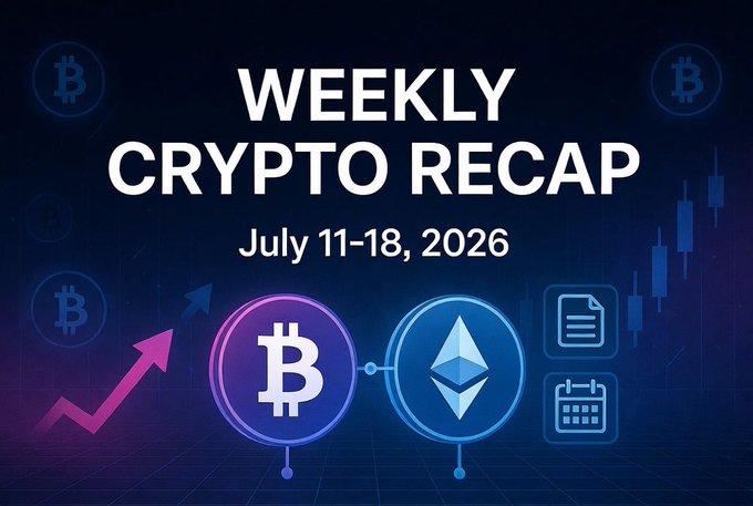 A 'Weekly Crypto Recap' graphic for July 11-18, 2026, featuring Bitcoin and Ethereum coin icons alongside an upward chart trend and candlestick patterns.