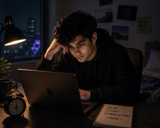 A young man works late on a MacBook laptop at a desk with a lamp and alarm clock, with a to-do list reading 'SLEEP' and 'WAKE UP EARLY (MAYBE)'.