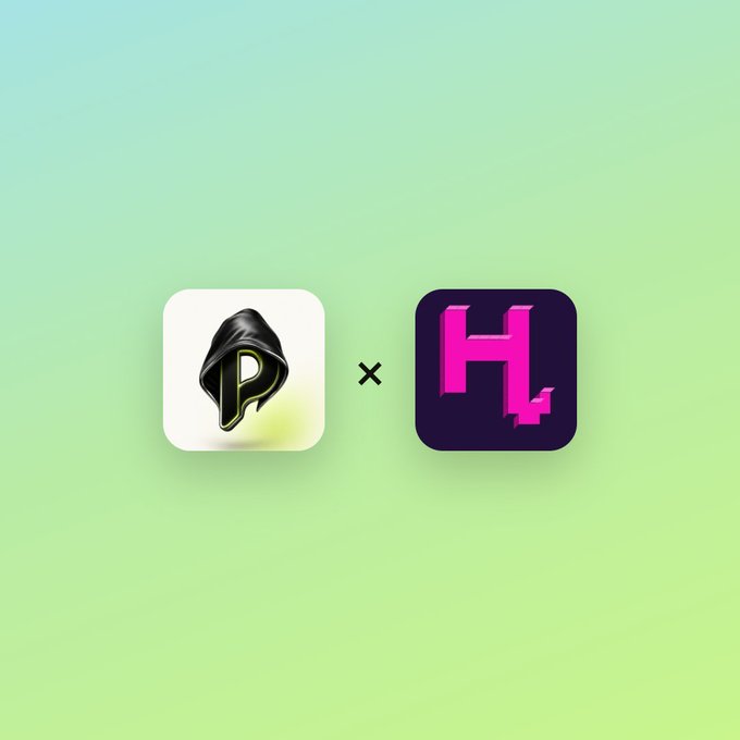 Two app icons appear side by side on a soft green gradient background, separated by a black "×" symbol indicating a collaboration: the left icon features a hooded figure with the letter "P" on a white background (representing Perps Hood), and the right icon displays a stylized pink and purple "H" logo on a dark background (representing Hookrfun), visually illustrating the upcoming partnership described in the post.