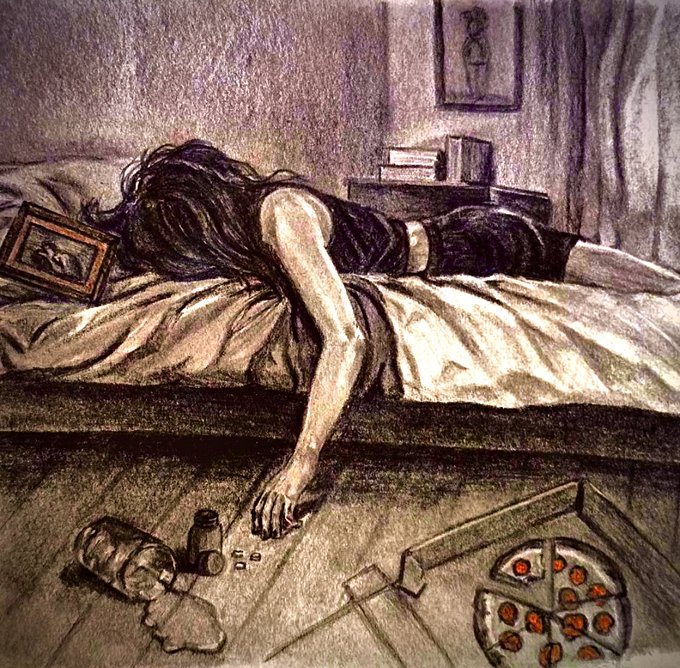 A somber illustration depicts a woman with long dark hair lying face-down on a bed, her arm hanging limply over the side, with a spilled pill bottle, scattered pills, and an empty pizza box on the floor below.