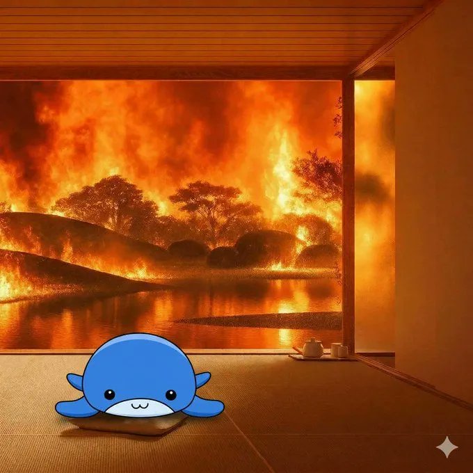 The image features a blue whale sitting on a rug, with a fire burning outside of a room. The fire appears to be consuming trees and houses, creating an intense scene. In the background, there are two people standing near the window, possibly observing or reacting to the fire. The overall atmosphere suggests that this is a dramatic event taking place in a residential area.