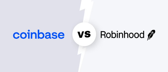 Comparison graphic showing 'coinbase vs Robinhood' logos separated by a lightning bolt symbol.