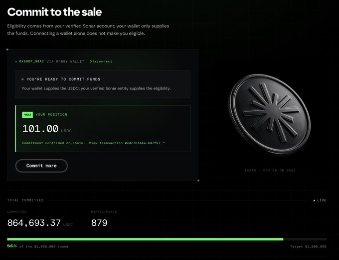 A 'Commit to the sale' interface for a token (SAXIS - ERC-20 ON BASE) showing a commitment of 101.00 USDC from wallet 0X8B0F...09AC, with 864,693.37 USDC total committed by 879 participants at 86% of the $1,000,000 target.