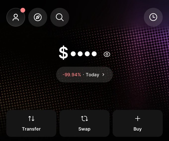 A crypto wallet application interface shows a hidden wallet balance represented by dots next to a dollar sign, with a '-99.94% Today' change indicator in red, and options for 'Transfer', 'Swap', and 'Buy' at the bottom.