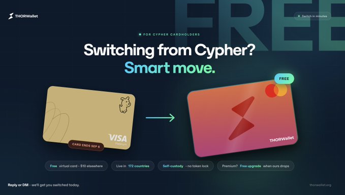 A promotional graphic for THORWallet offering a free switching service for Cypher cardholders, showing a transition from a Cypher Visa card to a THORWallet card with features like 'Free virtual card', 'Live in 172 countries', and 'Self-custody'.