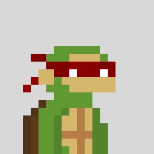 A pixel art illustration of a green Teenage Mutant Ninja Turtle wearing a red mask/headband, rendered in a simple blocky style against a gray background.