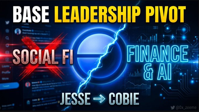 Base Leadership Pivot announcement graphic marking the transition from Jesse (Social Fi, crossed out) to Cobie (Finance & AI) as Base protocol leadership direction.
