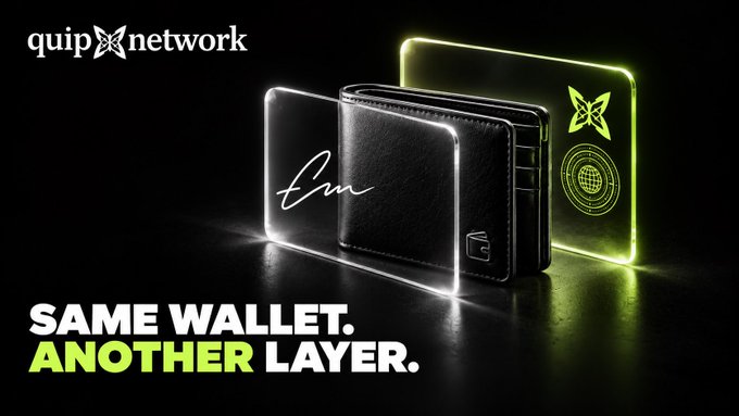 An advertisement for quip network showing a black leather wallet with the tagline 'SAME WALLET. ANOTHER LAYER.' displayed in white and yellow text against a dark background.