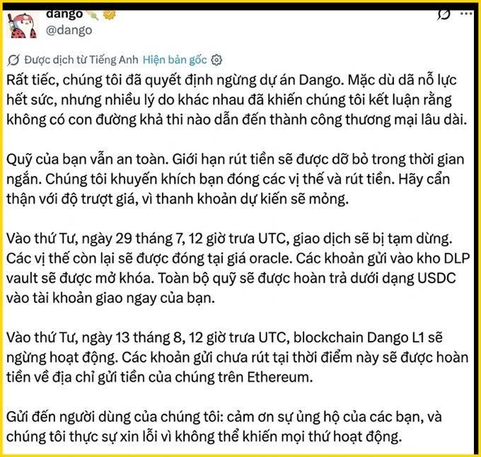 A Vietnamese-language tweet from Dango (@dango) announcing the shutdown of the Dango project, warning users to close positions and withdraw funds before trading halts on July 29 and the Dango L1 blockchain ceases operation on August 13.