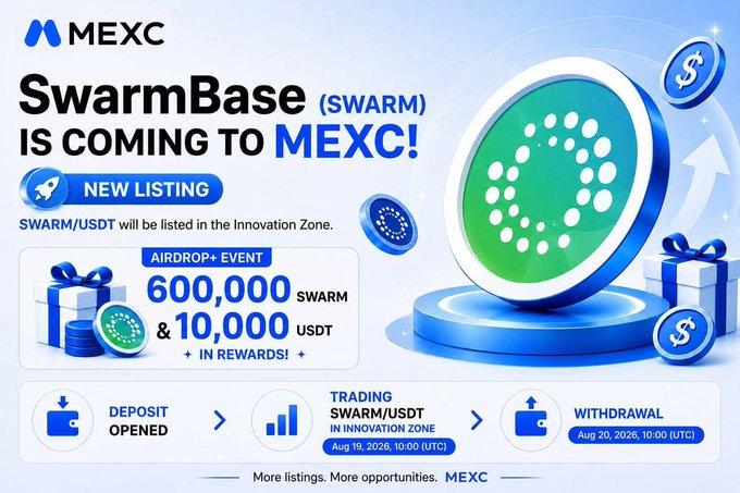 A MEXC exchange announcement stating 'SwarmBase (SWARM) IS COMING TO MEXC!' as a new listing in the Innovation Zone, featuring an airdrop event of 600,000 SWARM and 10,000 USDT, with trading opening Aug 19, 2026.