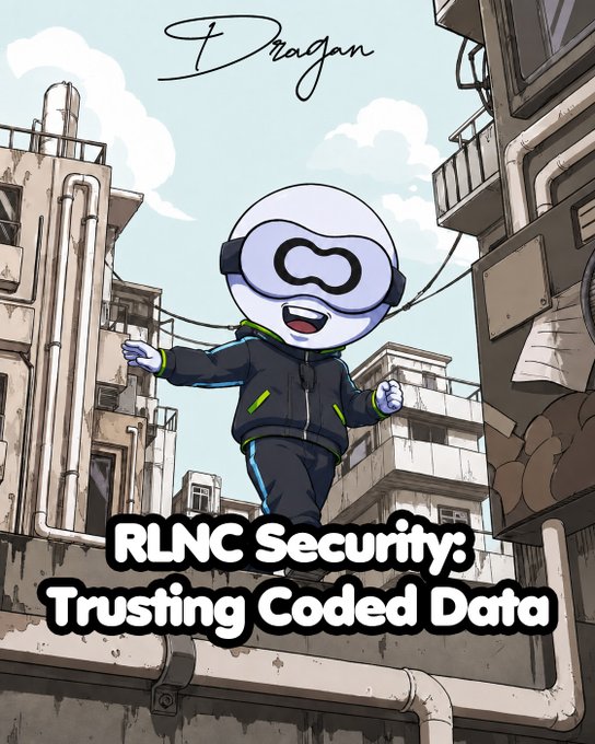 An illustrated book cover by 'F. Dragon' titled 'RLNC Security: Trusting Coded Data' featuring a cartoon mascot character in a black tracksuit on rooftops.