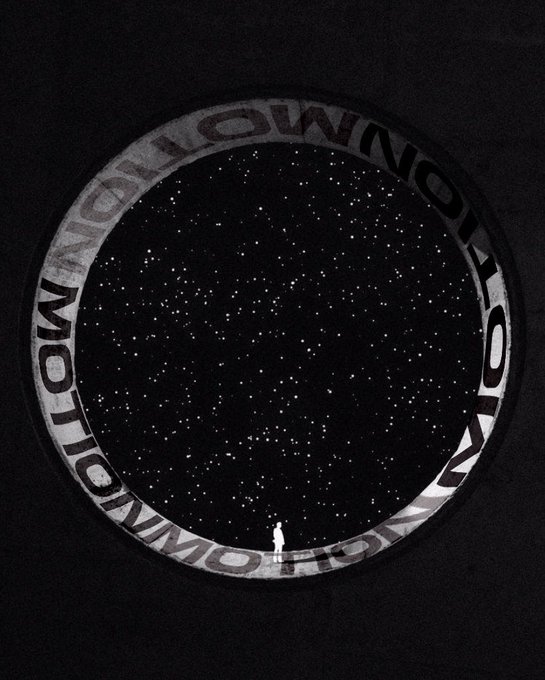 A circular graphic with the word 'UNKNOWN' repeated around the rim, framing a starry night sky with a small silhouetted figure standing at the bottom.