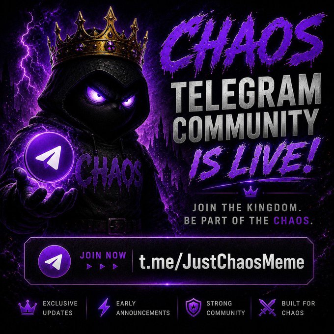 A purple-themed promotional graphic for a Telegram community called 'CHAOS', featuring a hooded figure with glowing eyes and a crown, with the link t.me/JustChaosMeme.