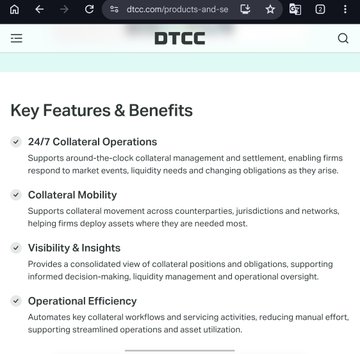 A screenshot from DTCC's website displays the "Key Features & Benefits" of their collateral management services, highlighting features like 24/7 Collateral Operations, Collateral Mobility, Visibility & Insights, and Operational Efficiency. The image relates to the post about Quant (QNT) and DTCC, likely showcasing DTCC's role in financial services infrastructure that could connect to blockchain-based solutions like Quant's Overledger Network.