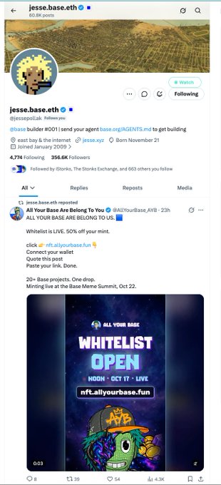A Twitter/X post by 'jesse.base.eth' about sending an agent and BASE ERCAN to get building, including a promotional image for 'ALL YOUR BASE WHITELIST OPEN'.