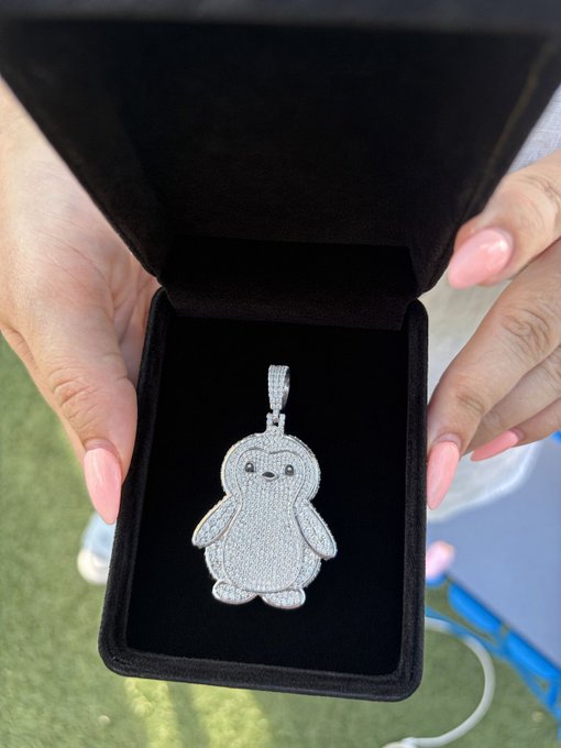 Two hands hold open a black velvet jewelry box containing a diamond-encrusted penguin pendant.