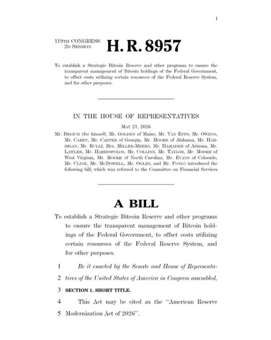 A page from H.R. 8957 of the 119th Congress (2nd Session), dated May 21, 2026, titled the 'American Reserve Modernization Act of 2026,' aimed at establishing a Strategic Bitcoin Reserve and managing Federal Bitcoin holdings.