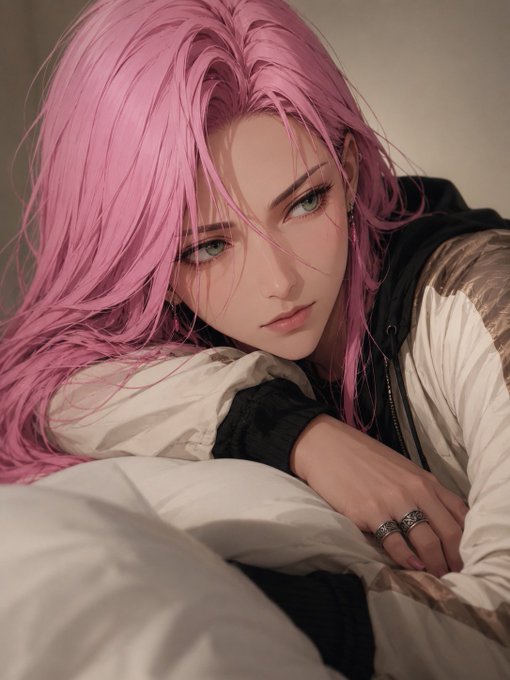 An anime-style portrait of a woman with long pink hair, light blue eyes, wearing a white and black outfit and rings, resting on a pillow.