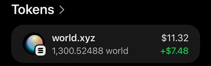 A crypto portfolio screenshot showing 'Tokens' with world.xyz holding 1,300.52488 world valued at $11.32, up +$7.48.