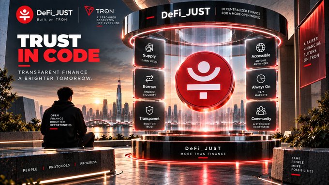 A promotional graphic for DeFi_JUST on the TRON blockchain, featuring the slogan 'TRUST IN CODE - TRANSPARENT FINANCE A BRIGHTER TOMORROW' alongside icons highlighting features like Supply, Borrow, and Transparency.