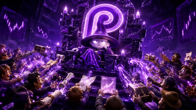 The image features a cartoon scene with people dressed up as wizards, and one of them wearing a wizard hat. The group appears to be sitting around, possibly having a conversation or enjoying themselves together. There are two other characters present - one who is standing in front of a purple throne that has the letter "P" on it, and another character at the edge of the image with their hand raised. The surrounding people seem to be engaged in a discussion about something called "Crypto," which might be related to the post they are viewing or simply part of the scene's context. The text in the image reads: " crypto in 2026: Trader: I found another edge Pyth: Priced that too At this point Pyth isn'... Cryptocurrency."