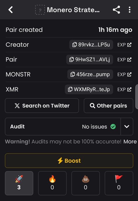 A mobile app screenshot showing a 'Monero Strategy' pair listing with Creator, Pair, MONSTR, and XMR entries, marked as 'No issues' in the Audit section with a Boost button.