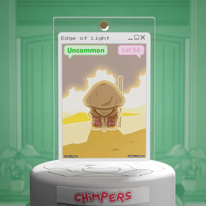 A digital trading card titled "Edge of Light" labeled as Uncommon at Lvl 54, featuring a cartoon character, branded as Chimpers.